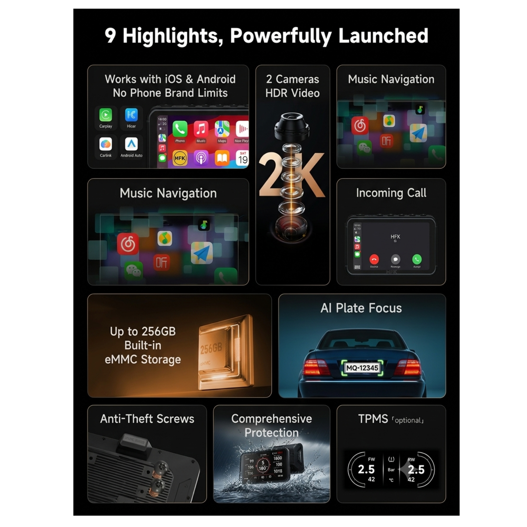 HFK HC50-RM Smart Motorcycle Carplay GPS With Quick Release And Dash Cam
