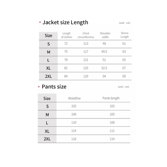 BWS Rainsuit Size Chart