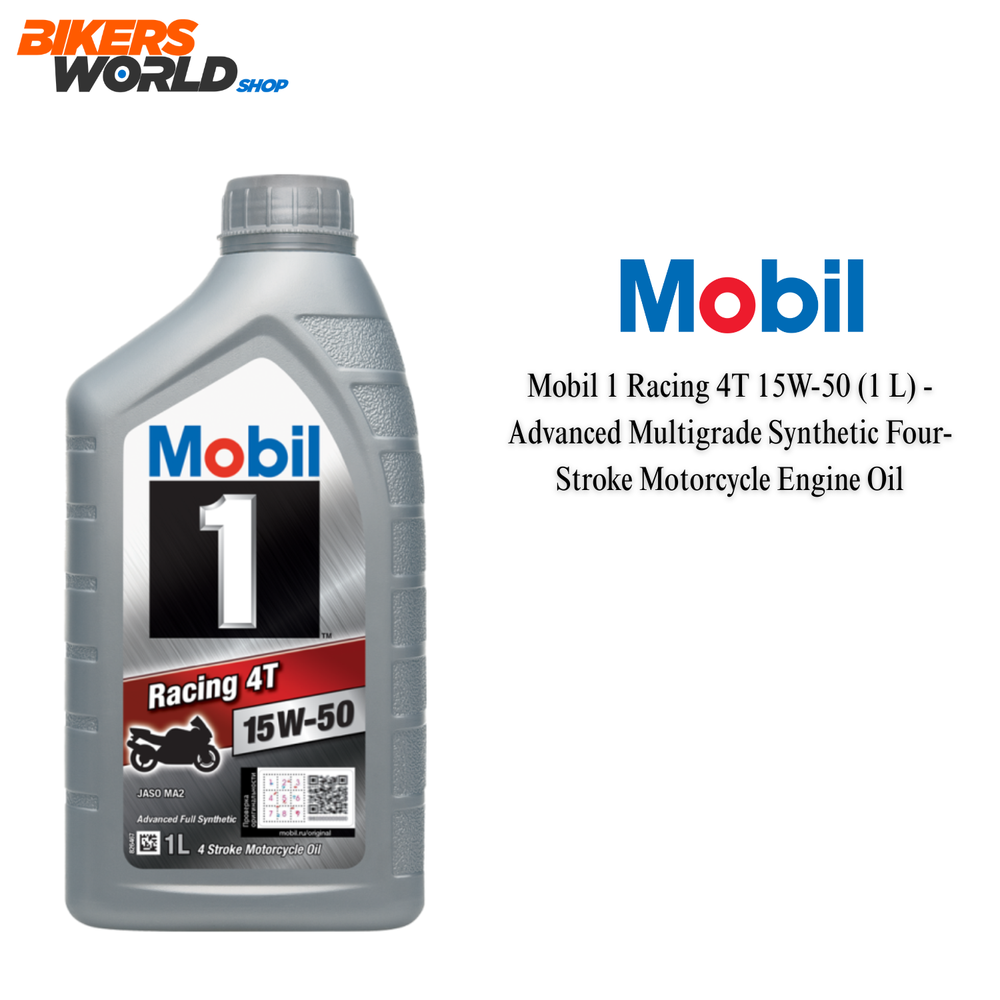 Mobil 1 Racing 4T motorcycle engine oil bottle on a white background with Bikers World Shop logo.