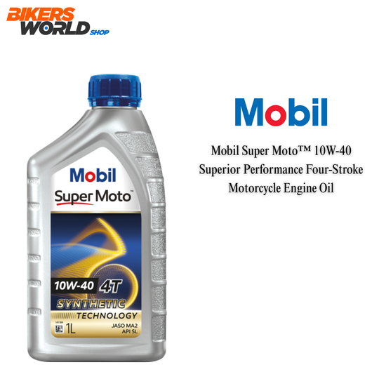 Mobil Super Moto motorcycle engine oil bottle with Bikers World Shop logo.