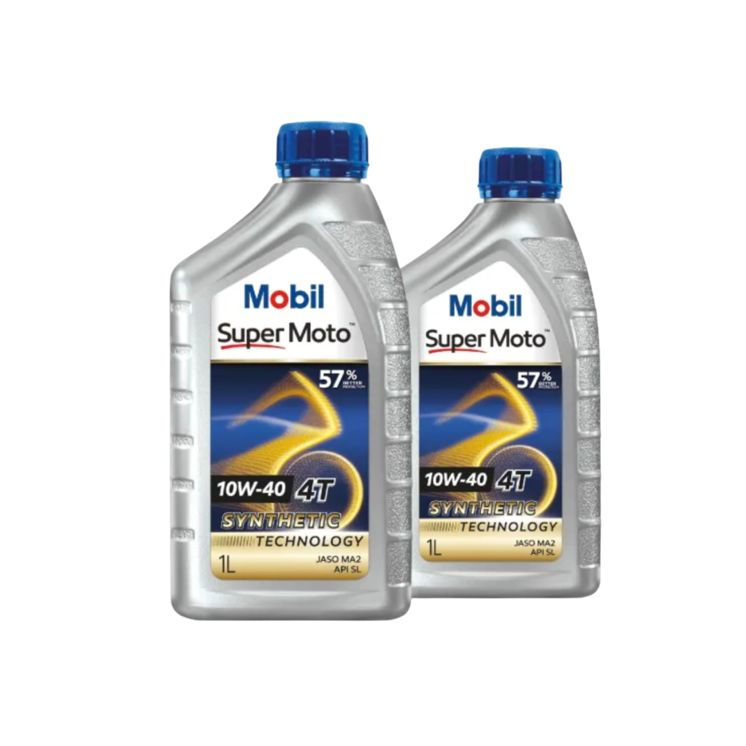 Two bottles of Mobil Super Moto 10W-40 4T synthetic motor oil on a white background