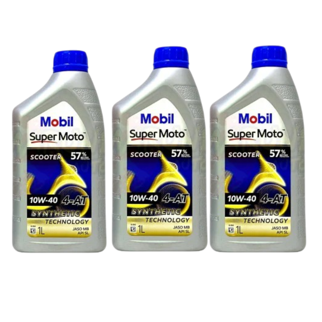 Three bottles of Mobil Super Moto scooter oil 4T 10W40