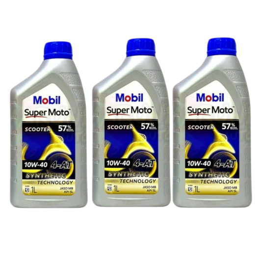 Three bottles of Mobil Super Moto scooter oil 4T 10W40
