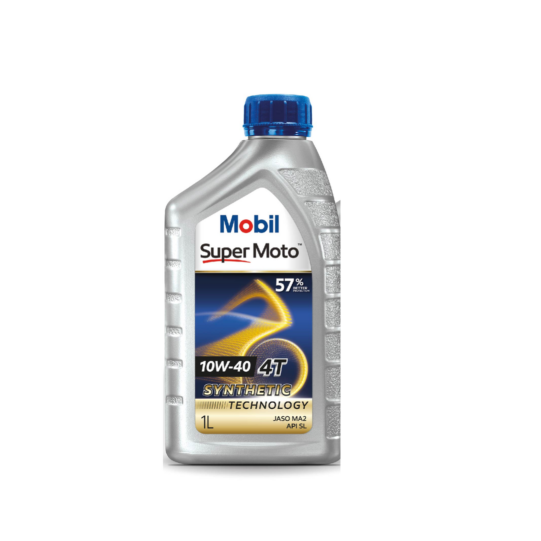 Mobil Super Moto 10W-40 motor oil with synthetic technology, designed for modern scooters.